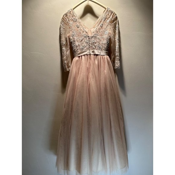 Ivory Hand embroidered sequins A-line V-neck Puffy Long Tulle wedding dress Sz 6 - Picture 8 of 14